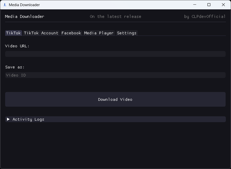 Media Downloader's TikTok tab with a video URL field, a Save as field and a Download Video button